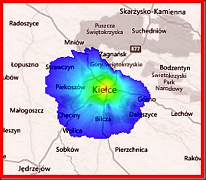 Zasięg emisji z nadajnika Kielce - Targowa